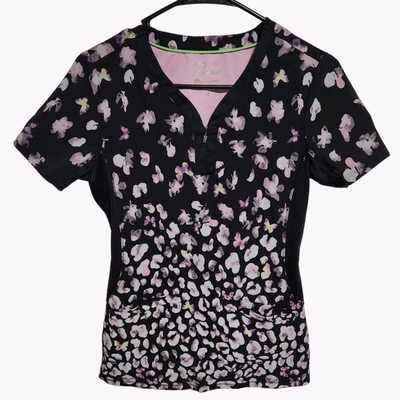 Healing Hands Premiere Scrub Top Womens Size XS Black Butterflies Uniform - Picture 1 of 4